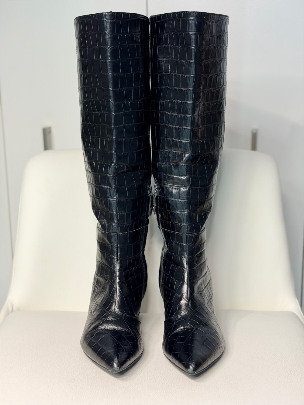 Geox Black Croc-Embossed Knee-High Pointed-Toe Boots